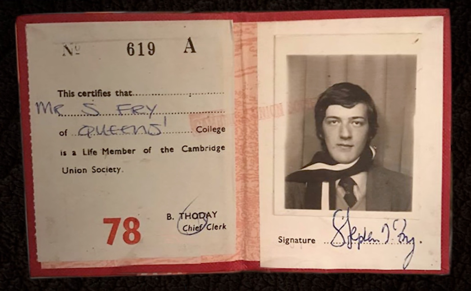 Stephen Fry's Cambridge Union Society Membership Card