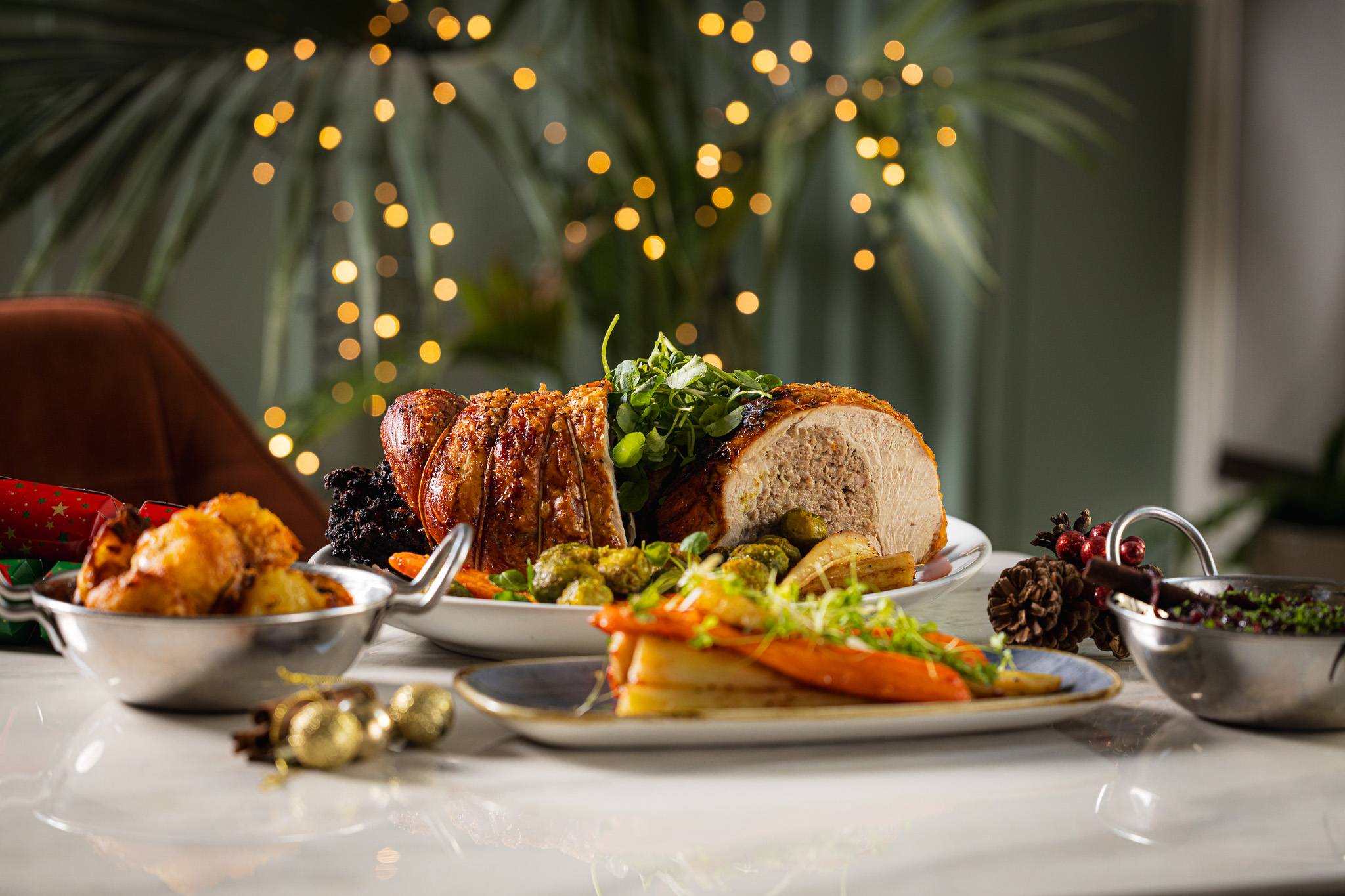 Christmas turkey dinner at the orator, with roast potatoes and roast vegetables as sides