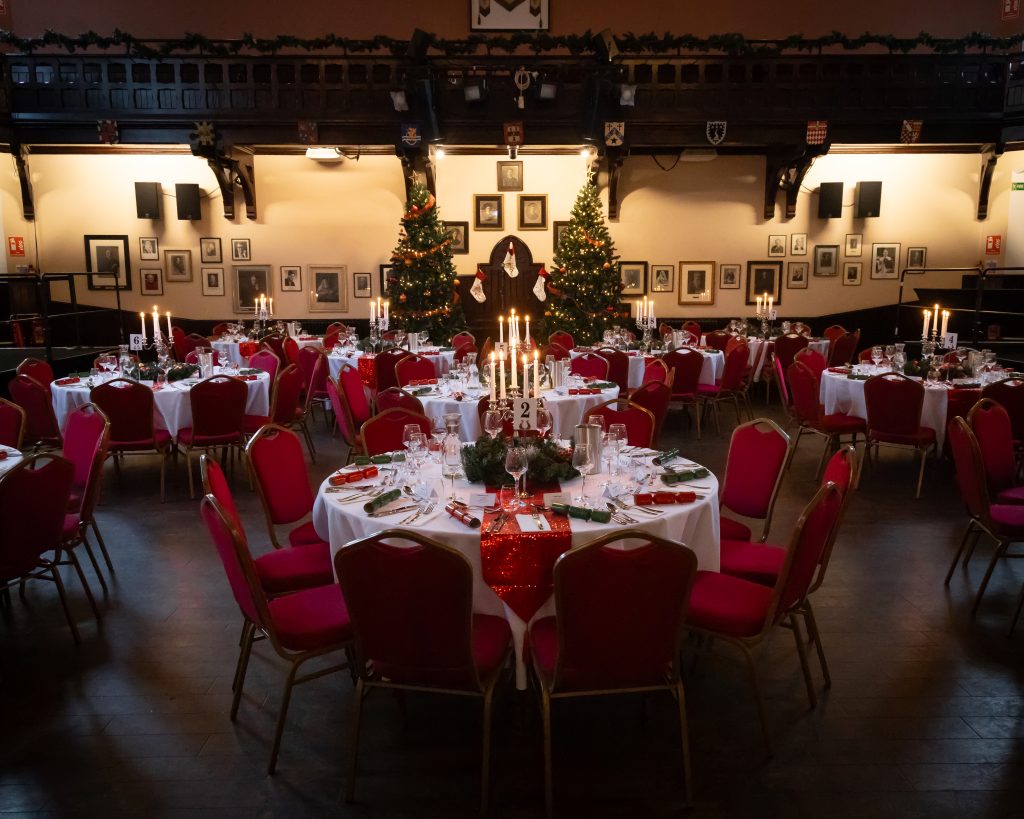 The Cambridge Union Society's debate chamber set up for a festive Christmas party
